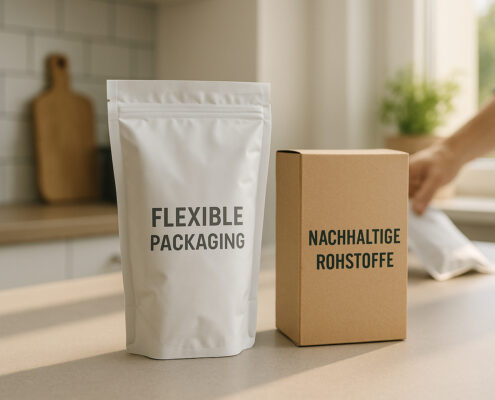 Flexible Verpackung neben einem Karton mit der Aufschrift "Nachhaltige Rohstoffe"