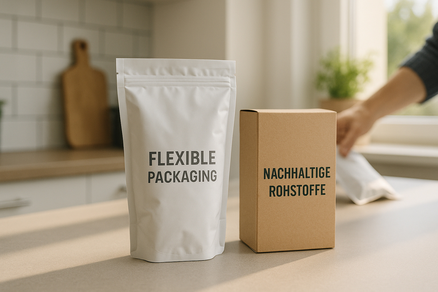 Flexible Verpackung neben einem Karton mit der Aufschrift "Nachhaltige Rohstoffe"